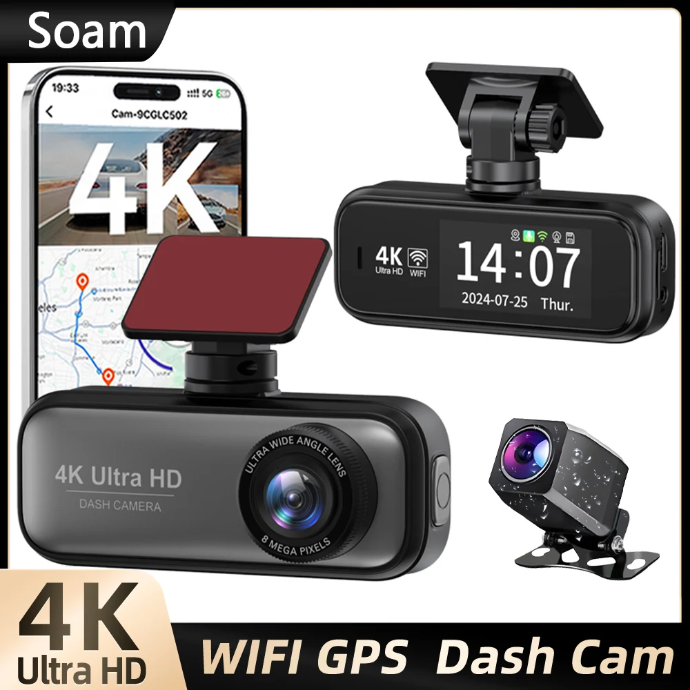 

Soam Dash Cam Ultra HD 4K+1080P Dual Dashcam Front and Rear for Cars, Built-in WiFi, Night Vision, APP, G-Sensor,170° Wide