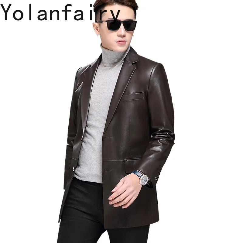 

YOLANFAIRY весенне-осенняя куртка из натуральной овчины, мужской костюм средней длины, пальто, повседневные плащи из натуральной кожи, мужская одежда