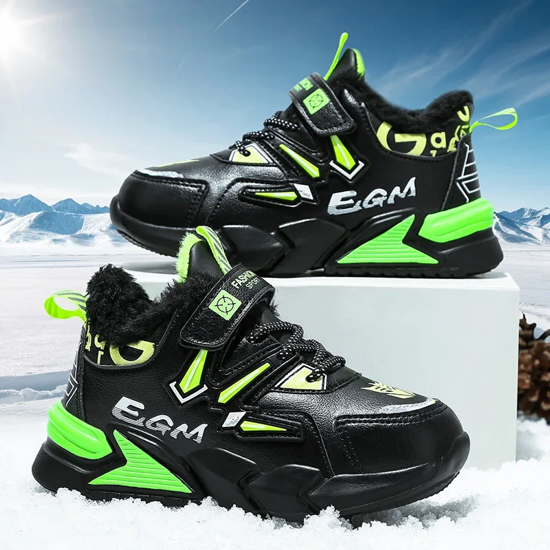 Zapatos cálidos de felpa para niños y niñas, zapatillas de deporte para correr, botas de nieve para niños pequeños, entrenadores para caminar, parte