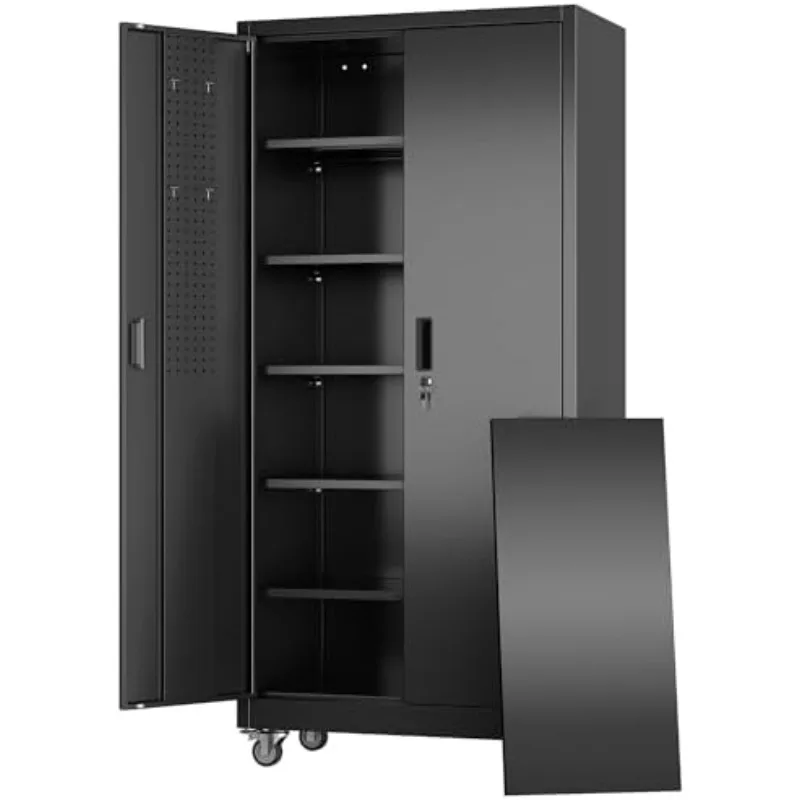 Metal Storage Cabinet with Wheels and Door Pegboard | Garage and business storage for tools and office supplies; 5