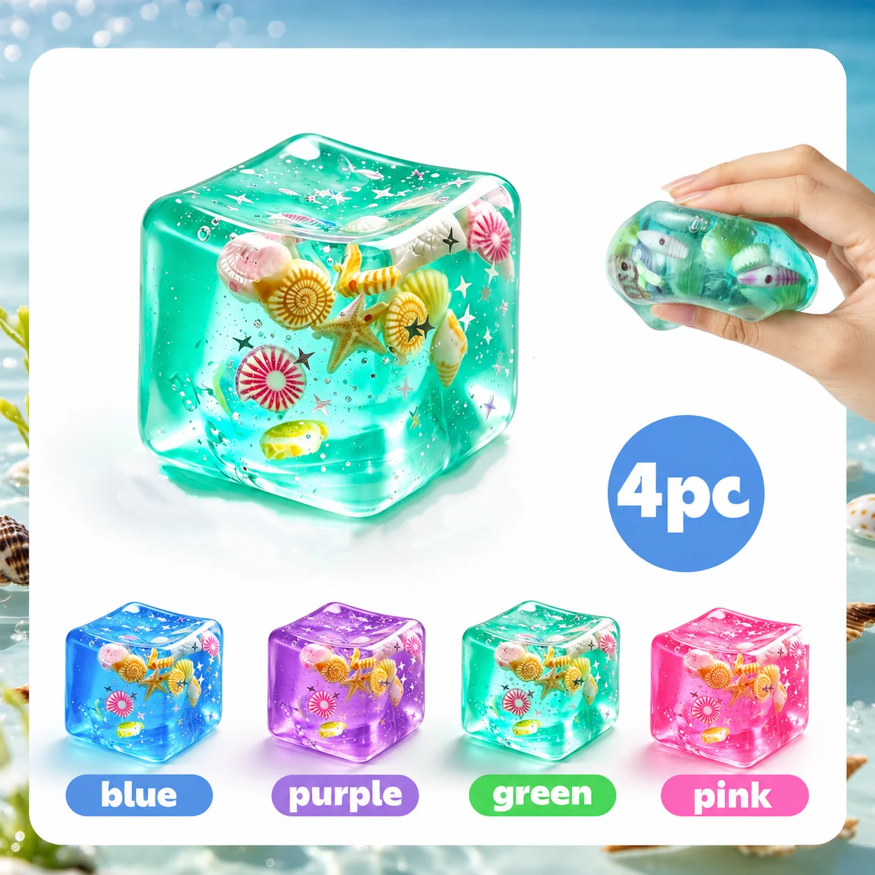 4PCS Ocean Stress Relief Squishy Toy Sea Cube Squeeze Sensory Fidget Toy Soft Gel Stress Ball for Kids Adults Anxiety Relief