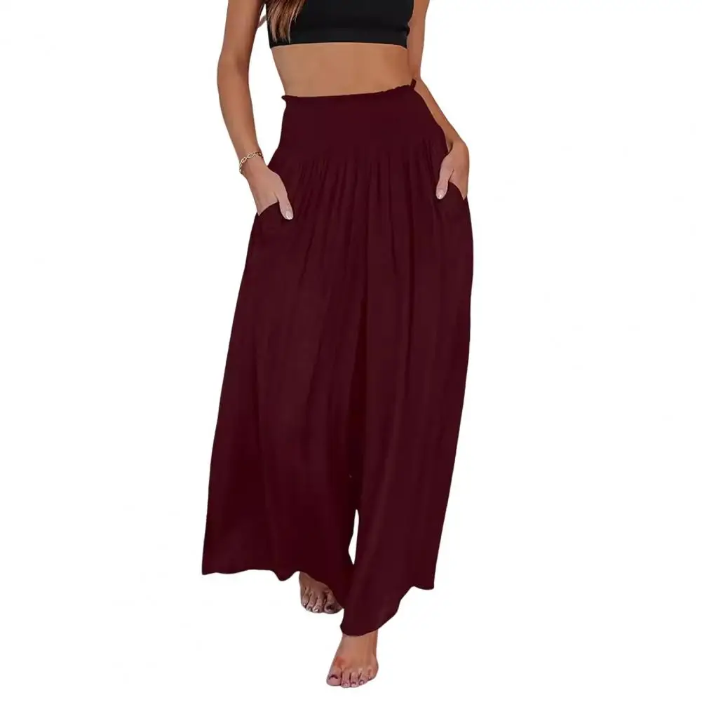 Women Wide Leg Pants Mid-rise Loose Trousers Stylish Women's Wide Leg Pants Elastic High Waist Solid Color Loose for Vacation