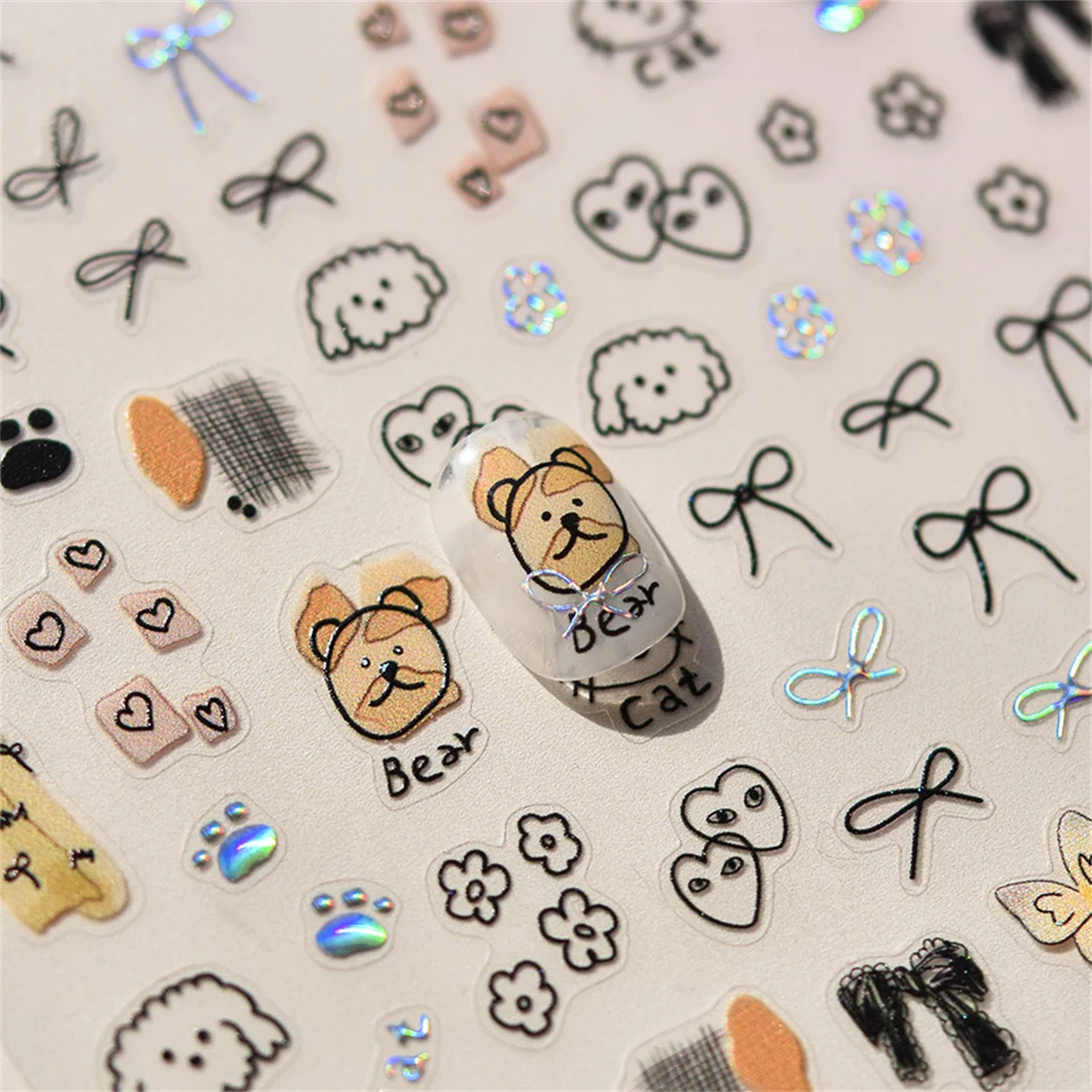 1pcs Cute Sketching Graffiti Animal Cat Dog Rabbit Bear Laser Nail Art Sticker Designs Self Adhesive Decoration Decal Acessories