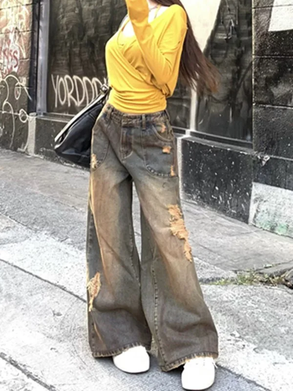Retro American Dir Denim Jeans Women's Low Waist Wide Leg Pants Worn out Hole Design Durable Pure Color Spring Summer