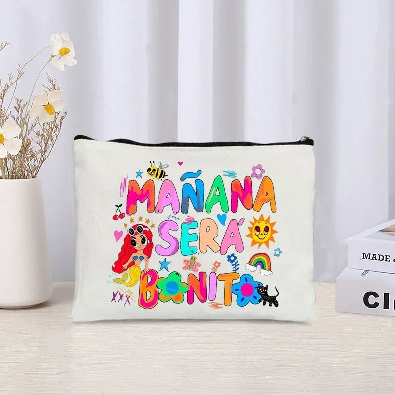 Bolsa de cosméticos de gran capacidad para mujer, bolsa de maquillaje con patrón de sirena a la moda, Karol G Manana Sera Bonito, bolsa de aseo