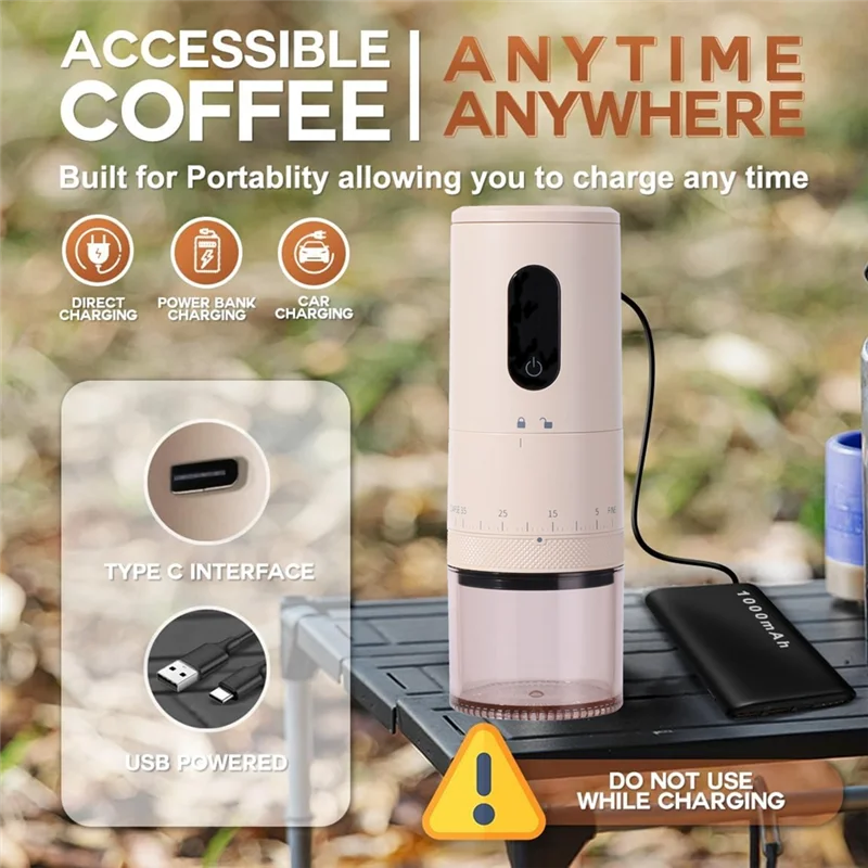 مطحنة القهوة المحمولة ABVI مطحنة القهوة الكهربائية مع إعدادات طحن قابلة للتعديل للسفر والتخييم والمكتب