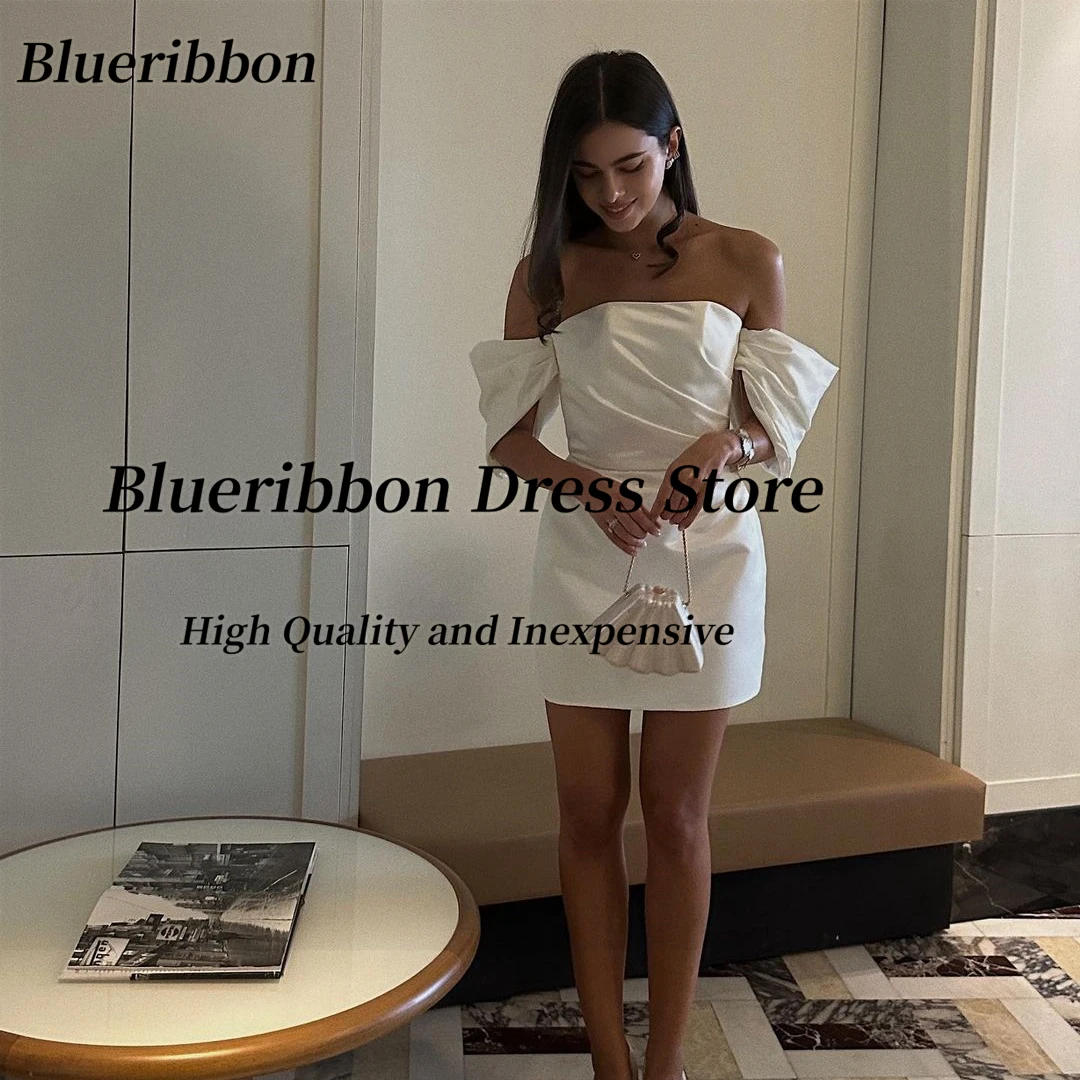 Blueribbon Summer Women Wear Off Shoulder Prom Dresses Zipper Back Ruched Mini Birthday Dress Short Wedding Party Bridal Gowns