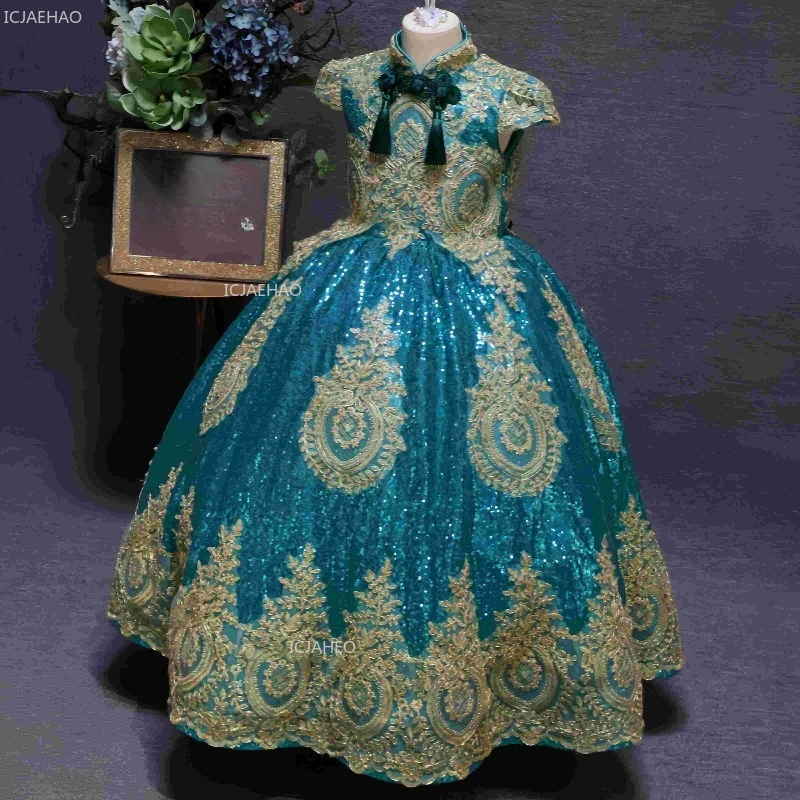 Green Host Puffy Dress Children Girls Piano Birthday Model PerformanceFormal Wear Kids Clothes Evening Gown Princess Ball Red