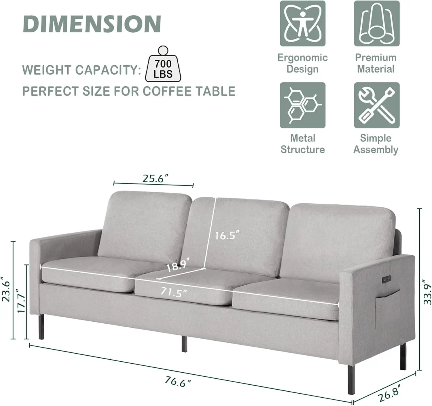 72" W sectionele bank 3-zitsbank, moderne bank uit het midden van de eeuw met 2 USB voor woonkamer, appartement, slaapkamer, comfortabel