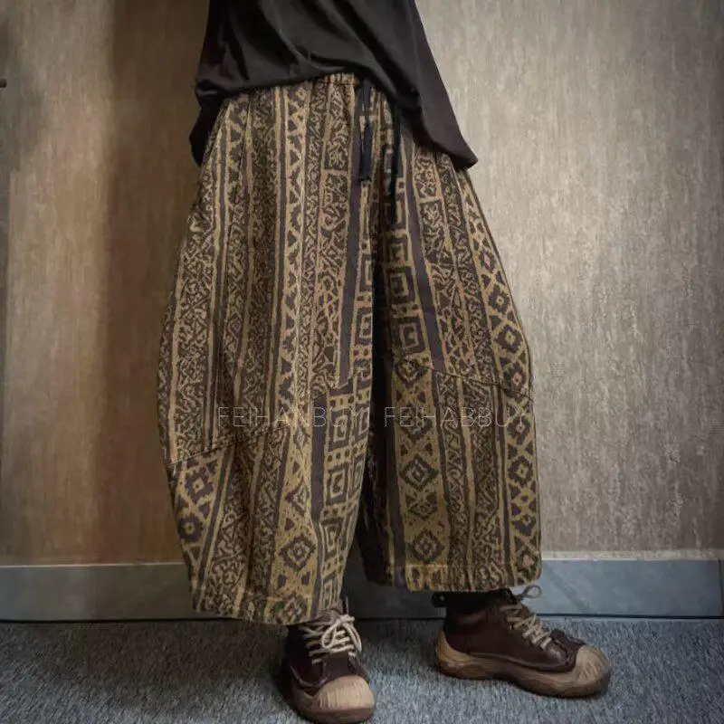 

Новые весенне-летние женские брюки-шаровары в стиле арт с эластичным поясом, винтажные, жаккардовые, из хлопка и льна, свободные, повседневные, с принтом, длиной до икры