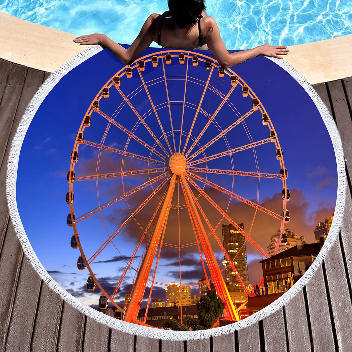 Romantic Ferris Wheel Round Beach Towel Microfiber Quick-drying Beach Towels Soft Absorbent Pool Towel Portable Picnic Mat
