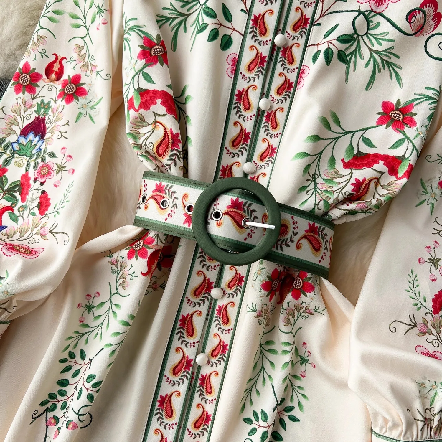 Spring Autumn Runway Women's Stand Collar Long Lantern Sleeve Floral Print Single Breasted Belt Holiday Boho Maxi Robes 2365