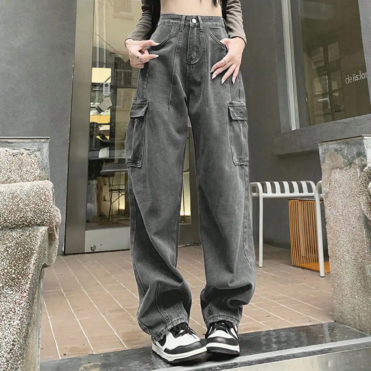 South Korea's Dongdaemun Summer Sweet Cool Style Dark Blue High Waist Overalls High Street Design Floor-Mopping Wide Leg Jeans for Women