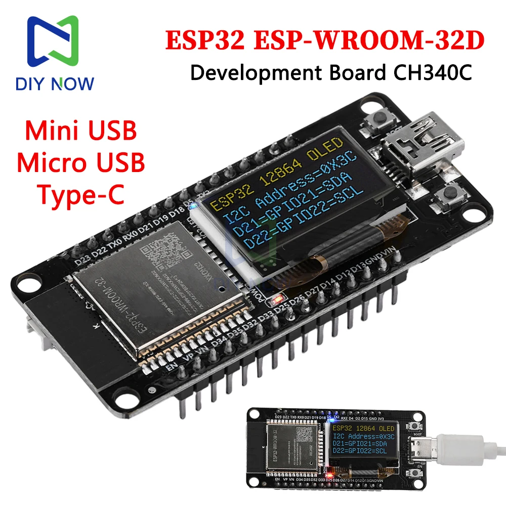 ESP32 ESP-WROOM-32D WIFI Development Board CH340C with 0.96 OLED Display 30PIN MicroUSB Type-C for Arduino ESP32 OLED