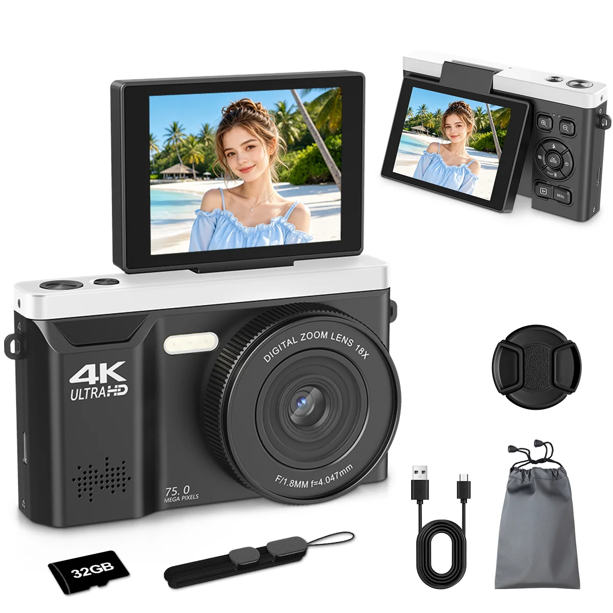 4K Digital Camera for Beginners, 75MP Autofocus Vlogging Camera with 2.8