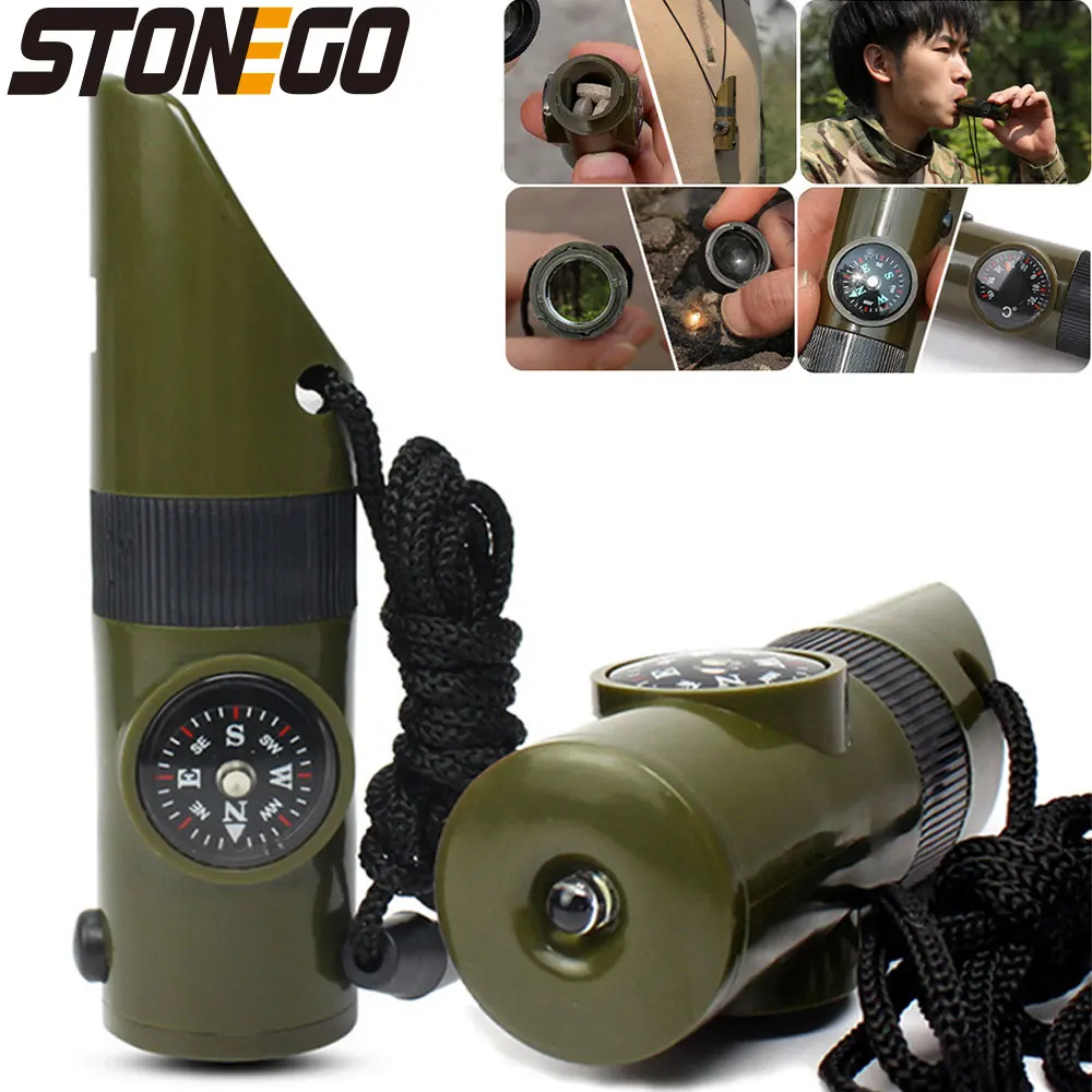 7 in 1 Jungle Survival Whistle เดินป่านกหวีดเข็มทิศกระจกไฟฉายแว่นขยาย LED Light เครื่องวัดอุณหภูมิเก็บเข็มทิศเครื่องมือ