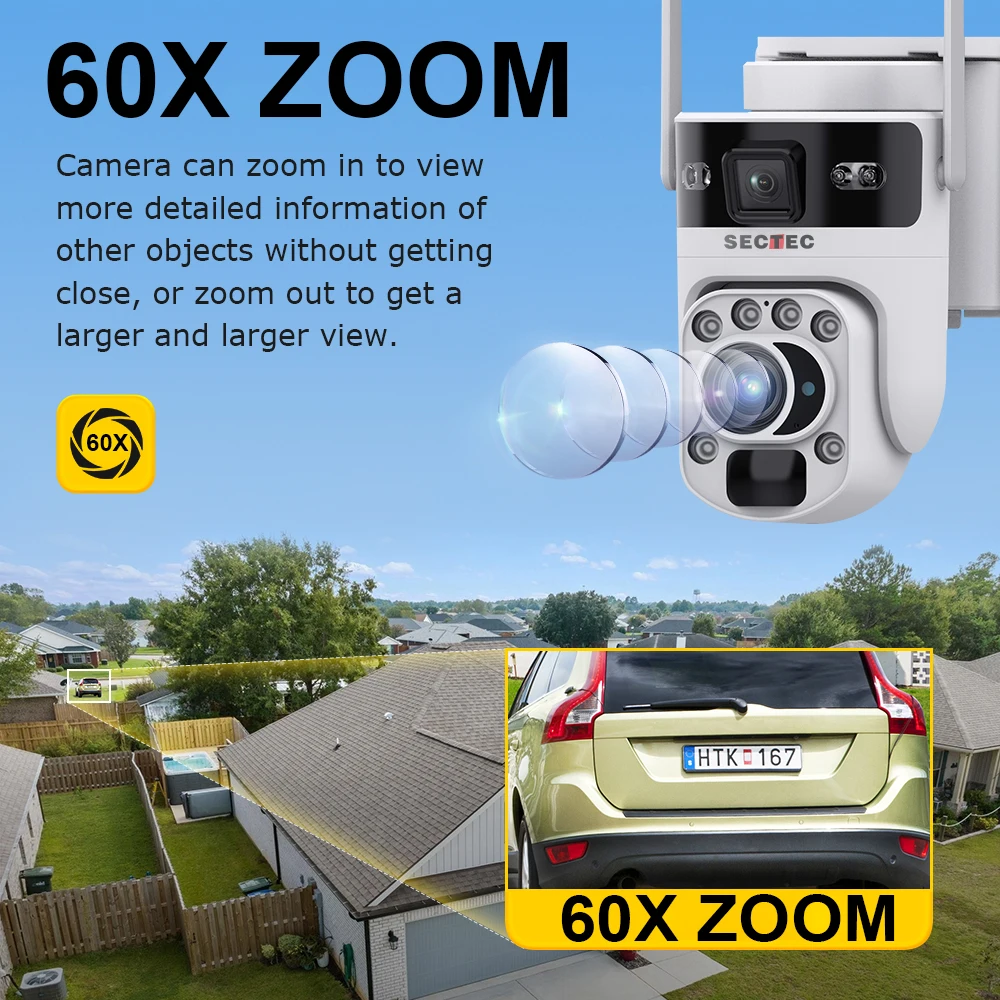 Sectec 60X optische zoom Dubbele schermen 4G zonnecamera 12MP WiFi PTZ-beveiliging PIR-detectie Auto Tracking bewakingscamera's