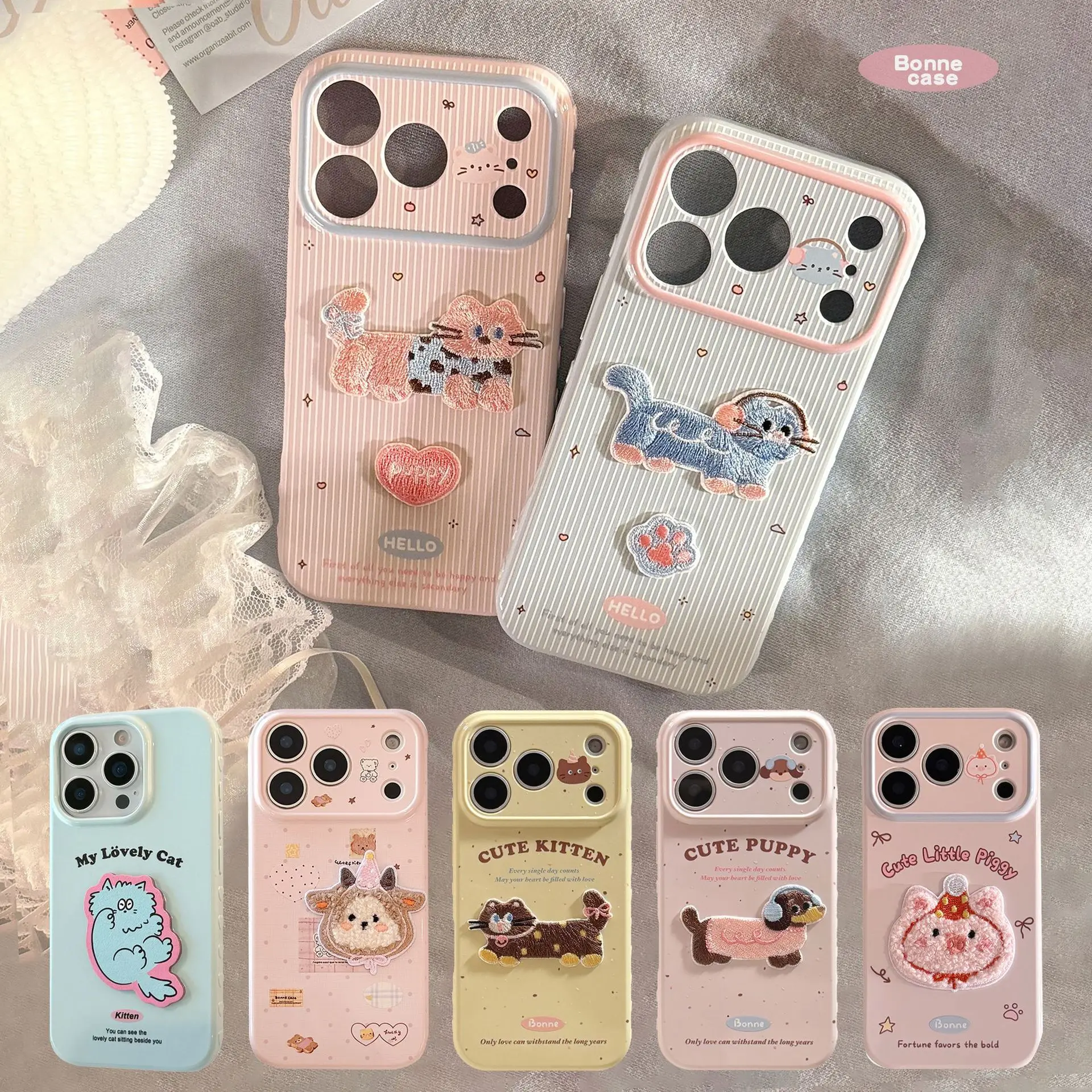 Funda de Teléfono con Animales Bordados en 3D de Dibujos Animados Coreanos para iPhone 17 16 15 14 13 12 Pro Max, Colores Pastel, Antigolpes, Cubierta Suave