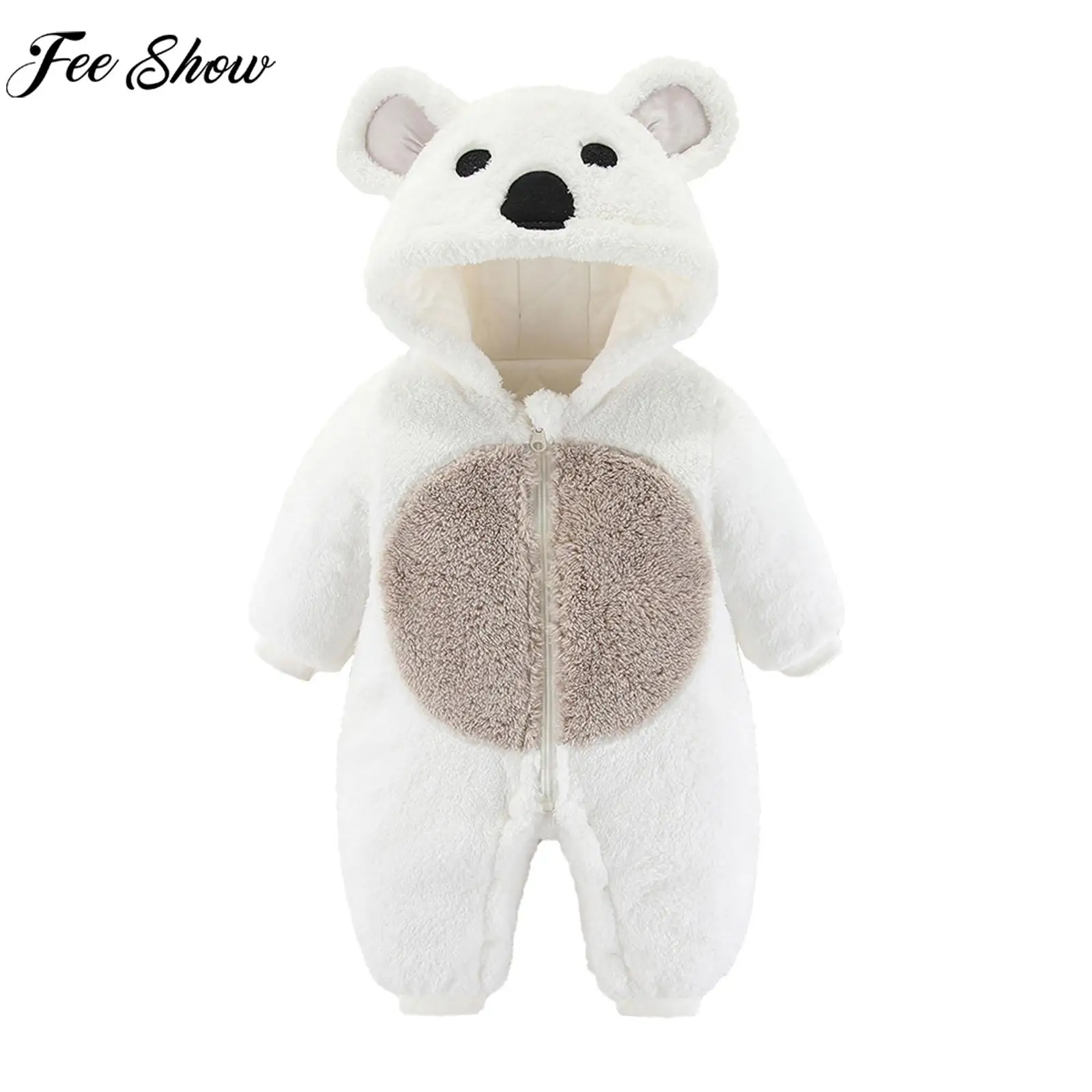 Newborn Baby Cute Bear Hooded Romper Toddler Infant Long Sleeve Zipper Plush Winter Warmer Bodysuit Loungewear Outdoor Wear