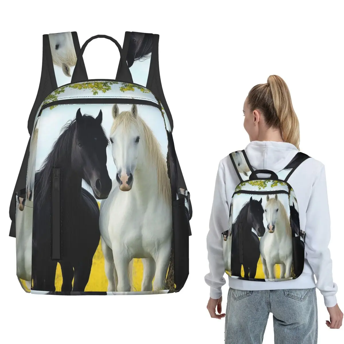 

White Horse And Dark Horse Backpack Large Capacity Children BookBag School Bag Shoulder Bags for Men Women