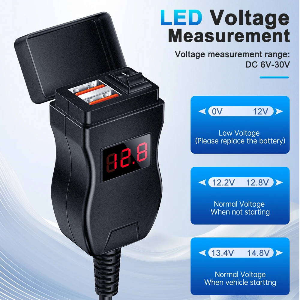 Motorcycle USB Charger QC3.0 Dual Port 18W Waterproof LED Voltmeter, 12V-24V Motorbike Phone Charger Handlebar Rearview Mirror Mount