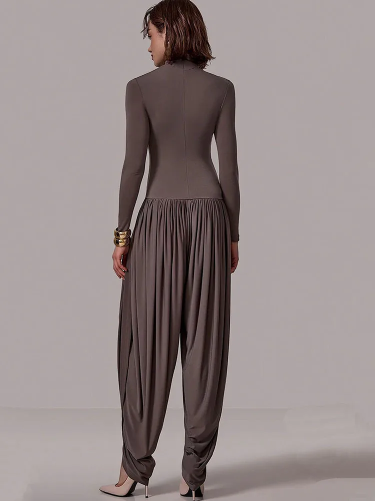 JULISSA MO Rollkragen Langarm Geraffte Frauen Overall Kaffee Patchwork Breite Bein Hohe Taille Herbst Lose Elegante Party Clubwear