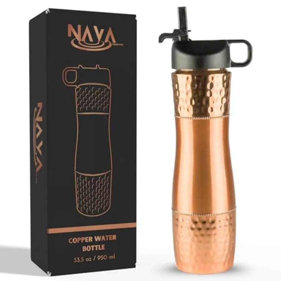 Pure Copper Water Bottle For Drinking Water with Straw and Sports Lid 33.5oz/ 950ml Ayurveda Copper Bottle for Ayurvedic Health