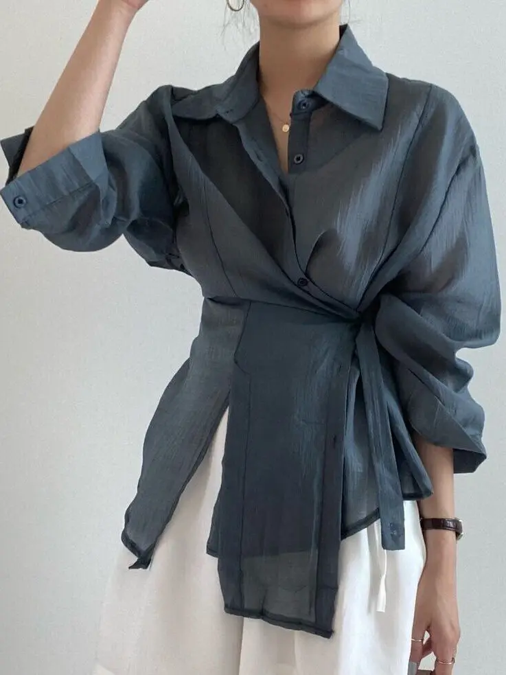 Ele Long Sve irt Mujer Primavera Fino Diseño Simple Chic Botón-Cuello Asimétrico Top Commute Sle Corte Suelto