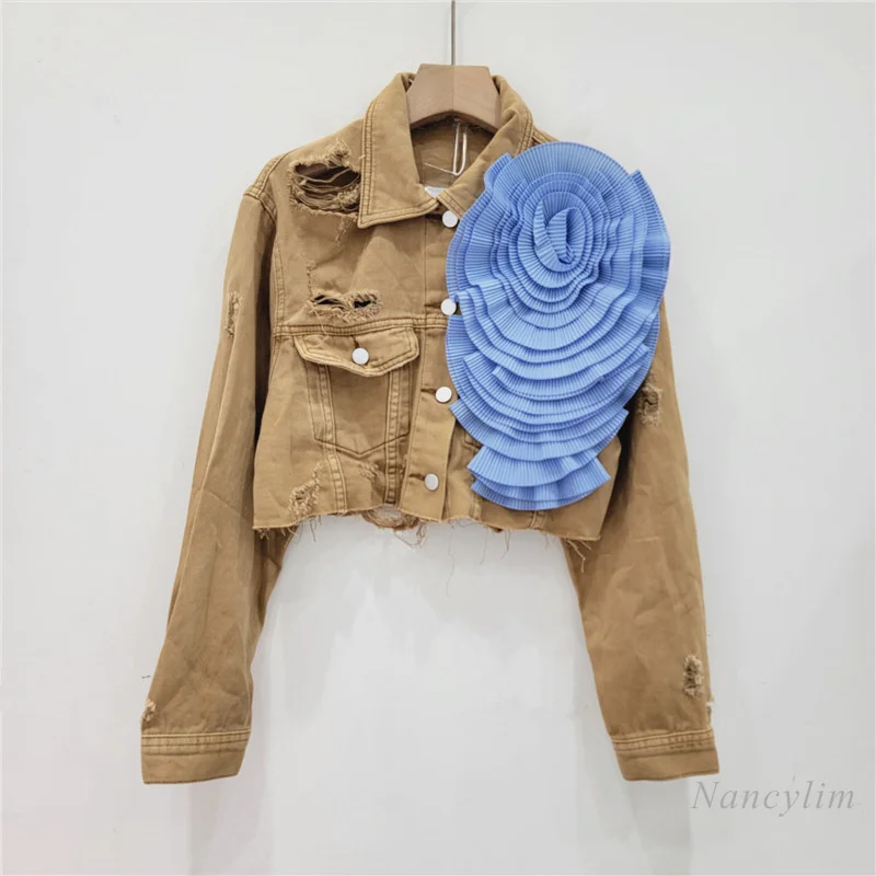 Fashion Tie-Dye Pink Ripped Cool Three-Dimensional Flower Design Short Denim Coat Female Fashionable Jacket Street Jackets