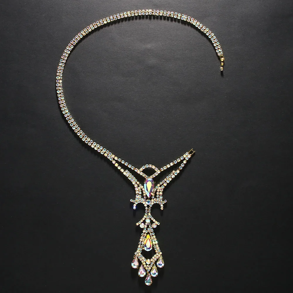 Stonefans Colorful Geometric Back Chain Necklace Belly Dance Jewelry Fashion Water Drop Rhinestone Back Chain Dress for Women
