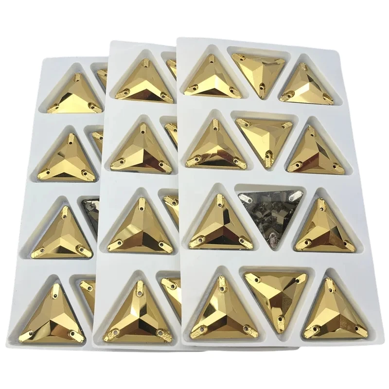 New Gold Hematite Color 3270 Tri-angle 22,16,12mm Sew On Stone Flatback 3holes Sewing Glass Crystal Beads Dress Jewelry Making