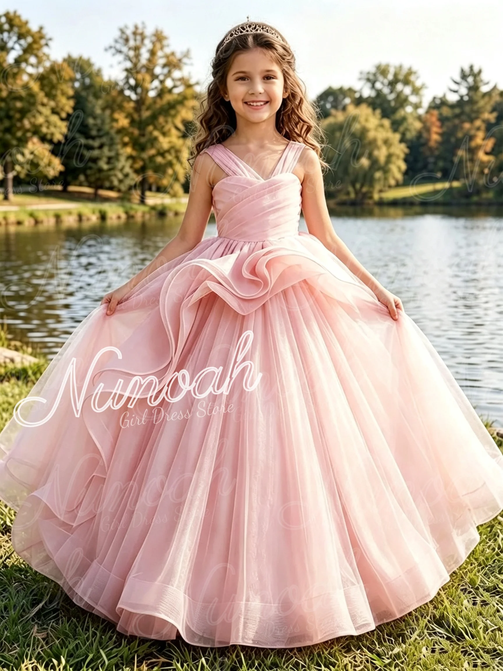Pink Flower Girl Dress For Wedding Tulle Sleeveless Floor Length Elegant Girl Birthday Party First Communion Gowns Customized