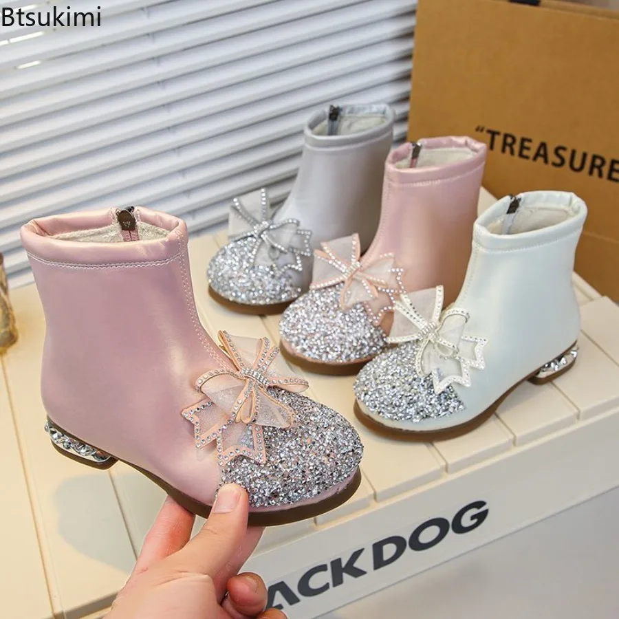 2026 Children Princess Boots Sequins Bow Design Girls Ankle Boots Soft Sole Low Heel Warm Lining Kids Party Wedding Dress Shoes
