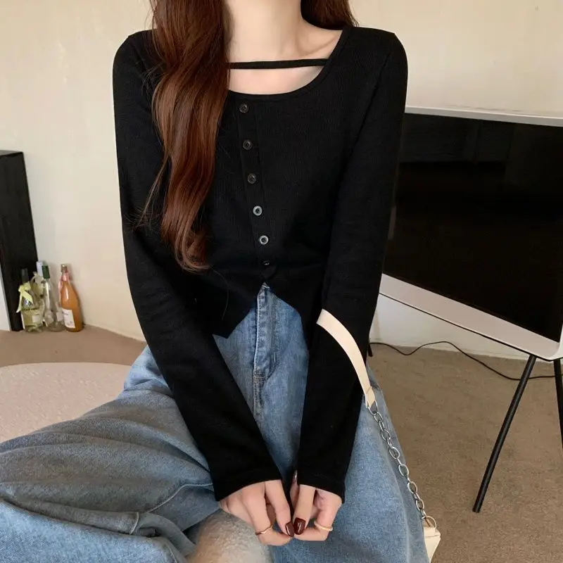 Stylish Irregular Button Pullovers Female Clothing Solid Color Spring Autumn Casual O-Neck Basic Long Sleeve Korean Slim T-shirt