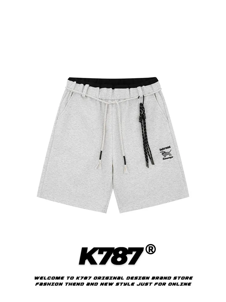 

K787 American Street Rope Splicing ort Pants Men's Sport High Waist Dog Embroidery Loose Casual Straight Leg Pants