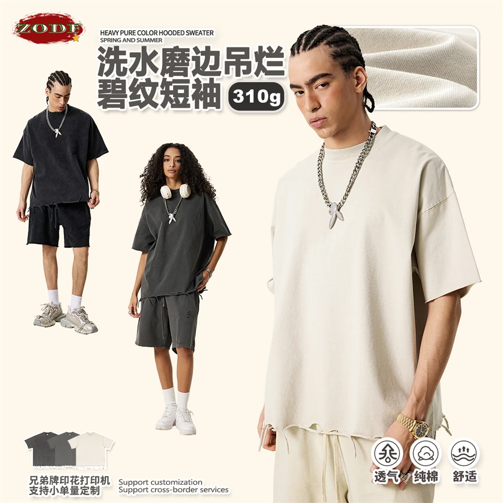 ZODF High Street 2025 Summer Solid Cotton T-shirt For Men Unisex Retro Broken Edge Oversized Washed T Shits Brand Tees HY0983