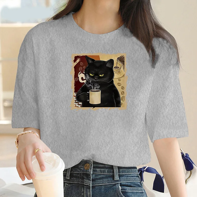 Maycar New Women t-shirt Cartoon Summer coffee Cat Print t-shirt Street Y2K t-shirt bianca a maniche corte donna casual top