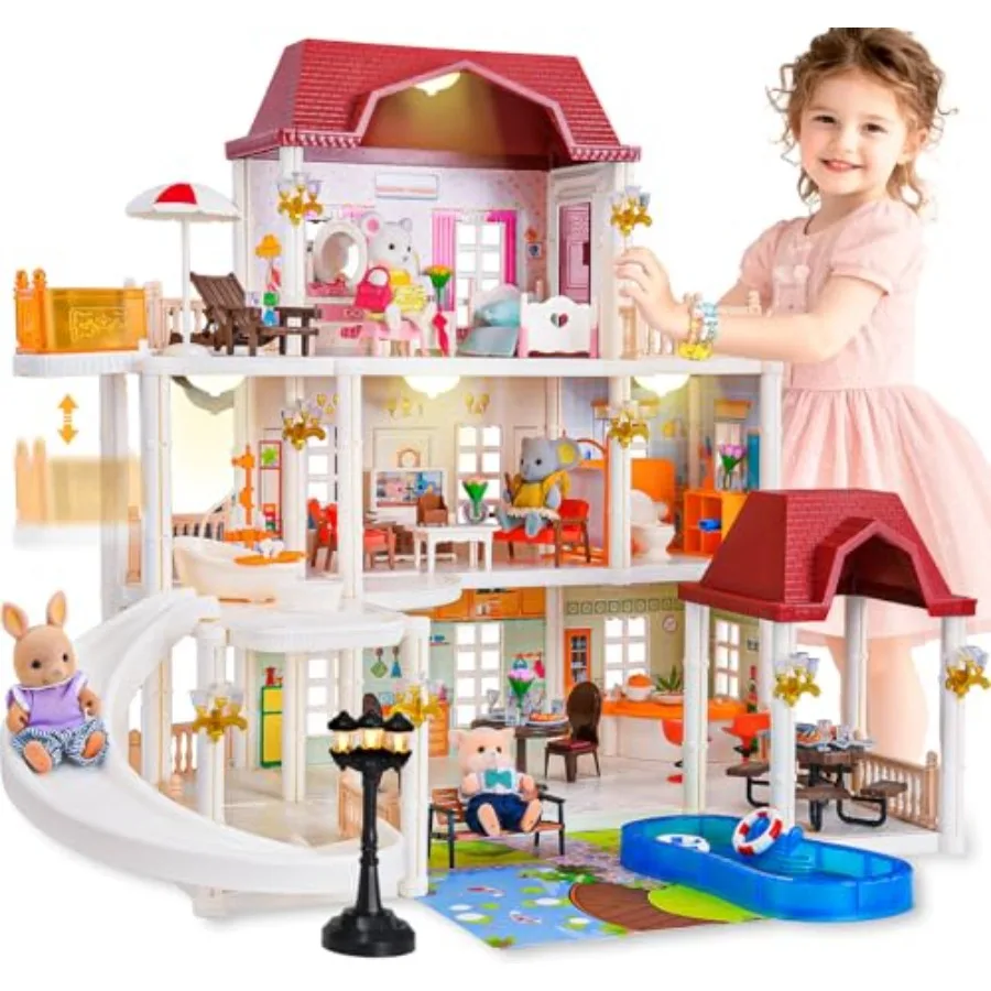 

Doll House for Pretend Play: 3-Story Wooden Structure with Warm Lights, Pink White Finish, 45 Pcs Furniture Set Including Movab