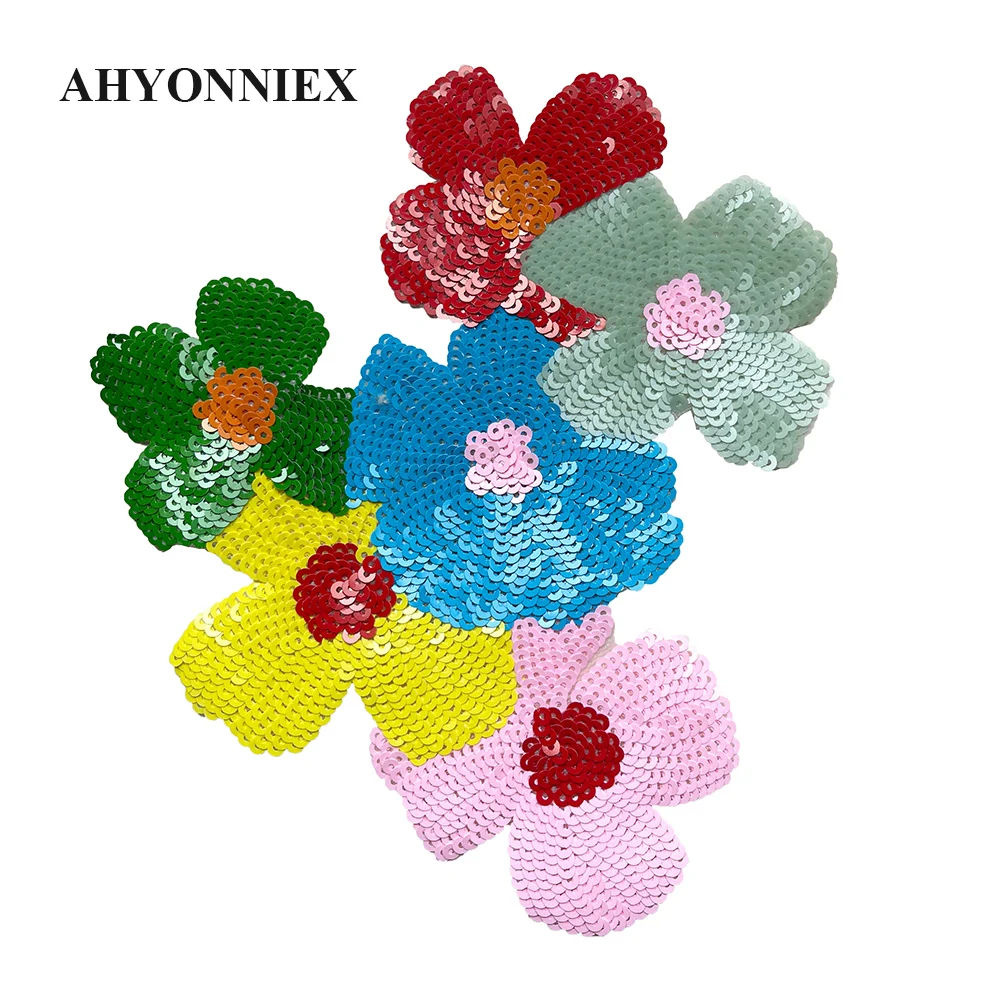 17.2CM X 17.7CM Colorful Flower Embroidered Sequins Parches For Clothing DIY Appliques Iron On Patches