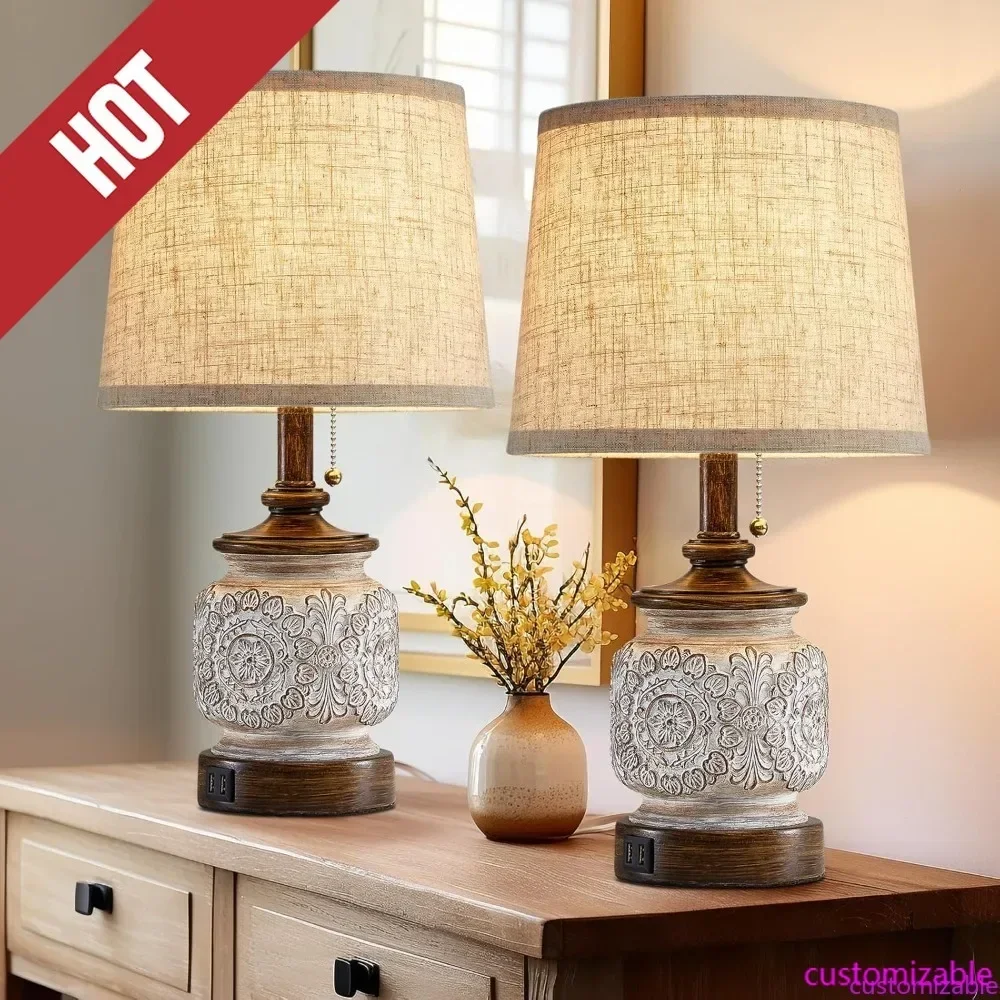 

Customizable-19.5" Farmhouse Bedside Table Lamps Set Of 2 Rustic Lamps For Nightstand Bedroom With USB Ports Vintage Traditional