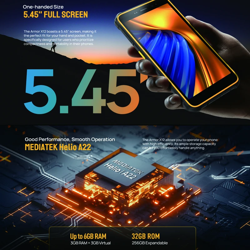Ulefone Armor X12، Android 13، ما يصل إلى 6 جيجابايت (3 جيجابايت + 3 جيجابايت) ذاكرة الوصول العشوائي 32 جيجابايت، 4860 مللي أمبير، 13 ميجابكسل 5.45 بوصة 4 جيجا NFC، الإصدار العالمي