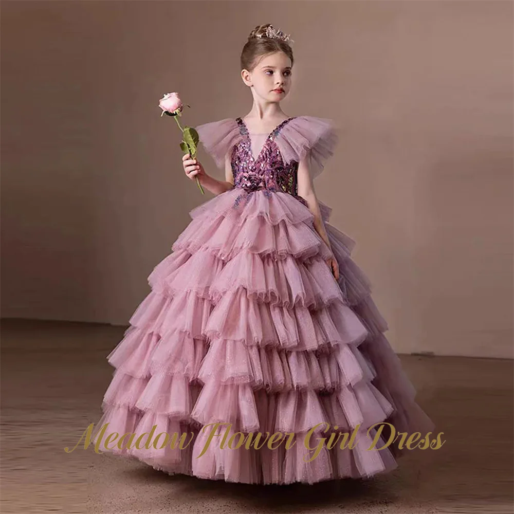Meadow Dusty Purple Tutu Fluffy Prom Gown V Neck A Line Elegant Kids Girl Birthday Party Dress Layered Tulle Flower Girl Gown