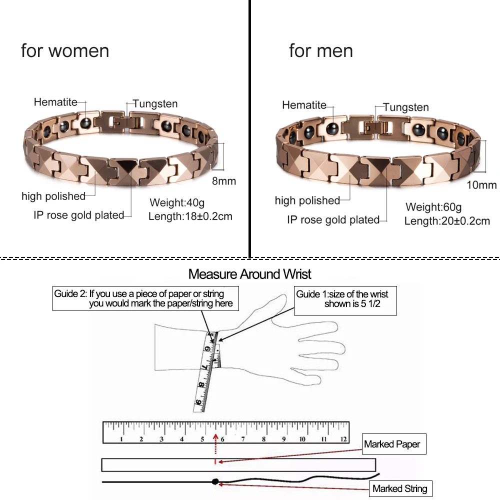 Ikuinen Fashion Couple Bracelet For Men Tungsten Rose Gold Color Health Energy Hematite Magnetic Bracelets Mens Jewelry