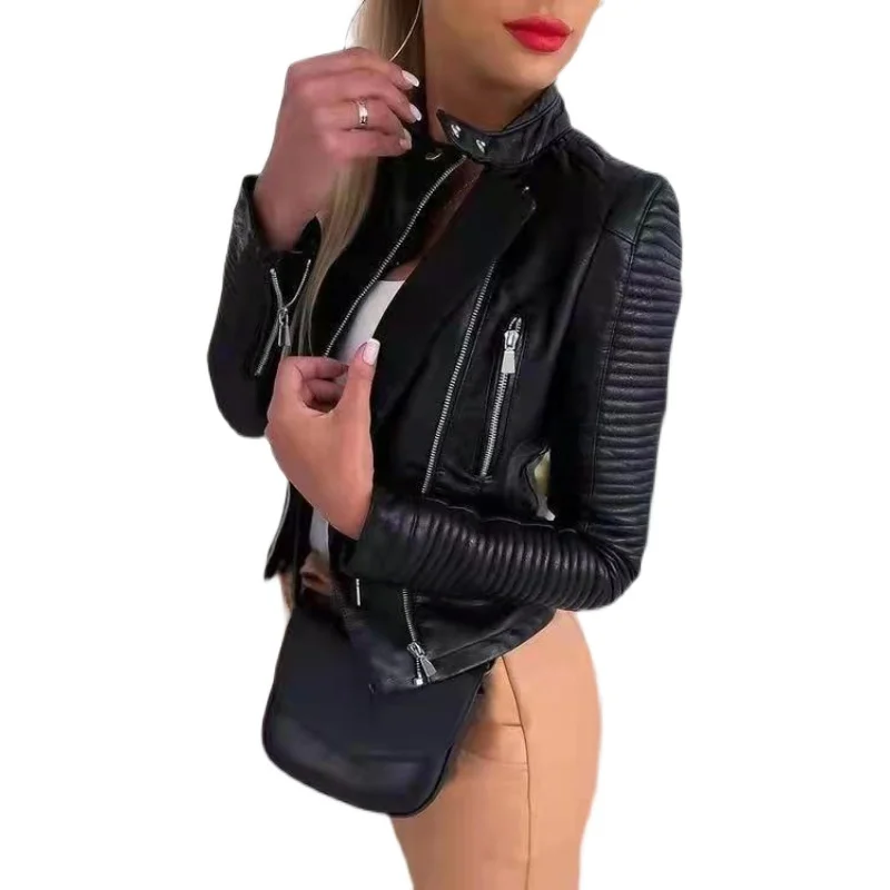 Faionable Casual Pelle Jaet ort Crtsmanip Cappotto da donna Cerniera Colletto alla coreana Lungo Sve Slim Fit Estate Nuovo arrivo