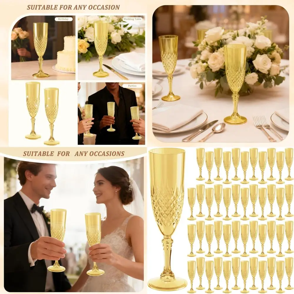 

Set of 48 7oz Plastic Champagne Flutes, Reusable Shatterproof Cups for Weddings and Parties