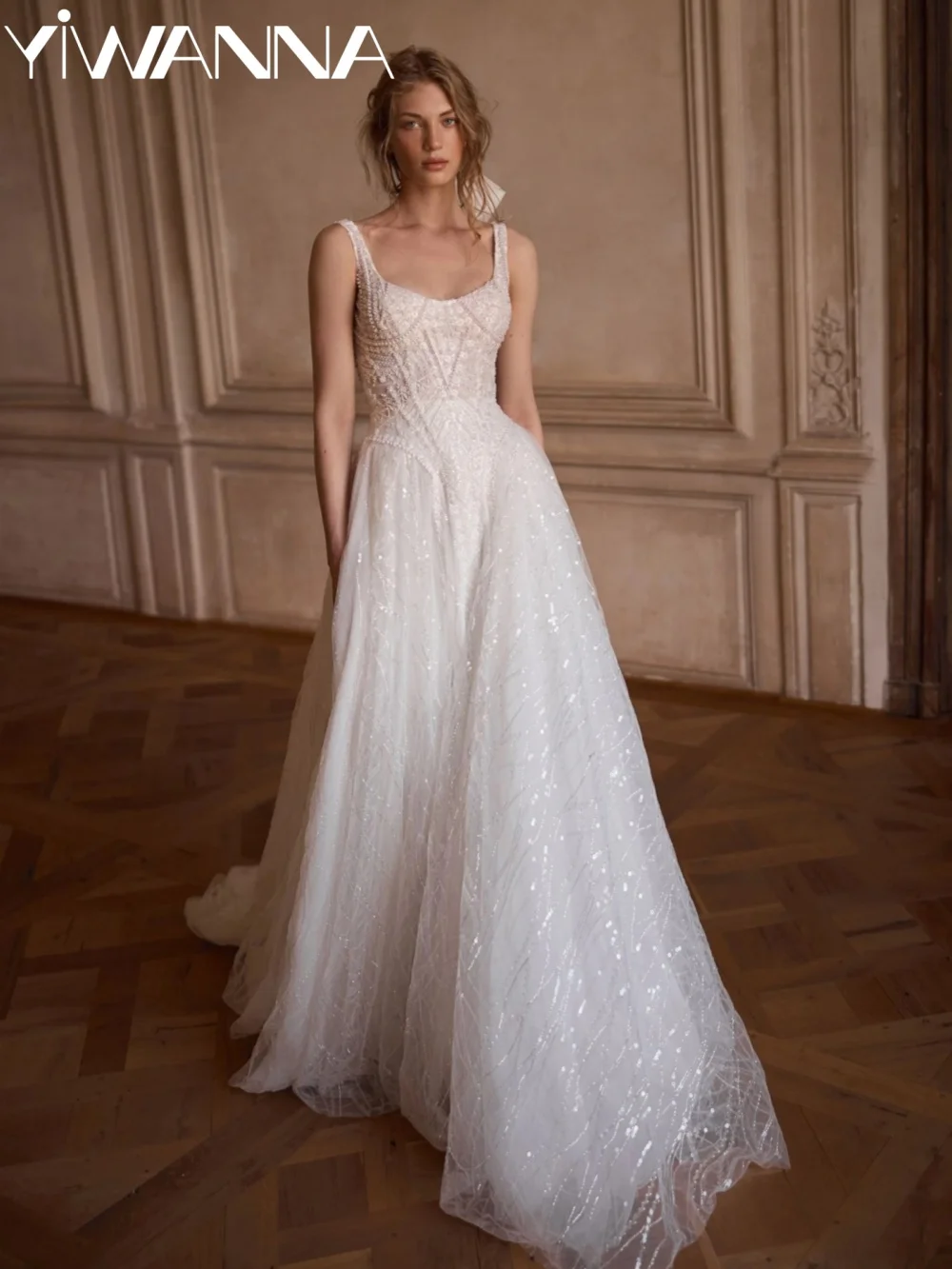 Sparkling Pearls A-line Long Wedding Dress Sequined Square Neck Bridal Gown Customized Charming Elegant Dresses For Bride