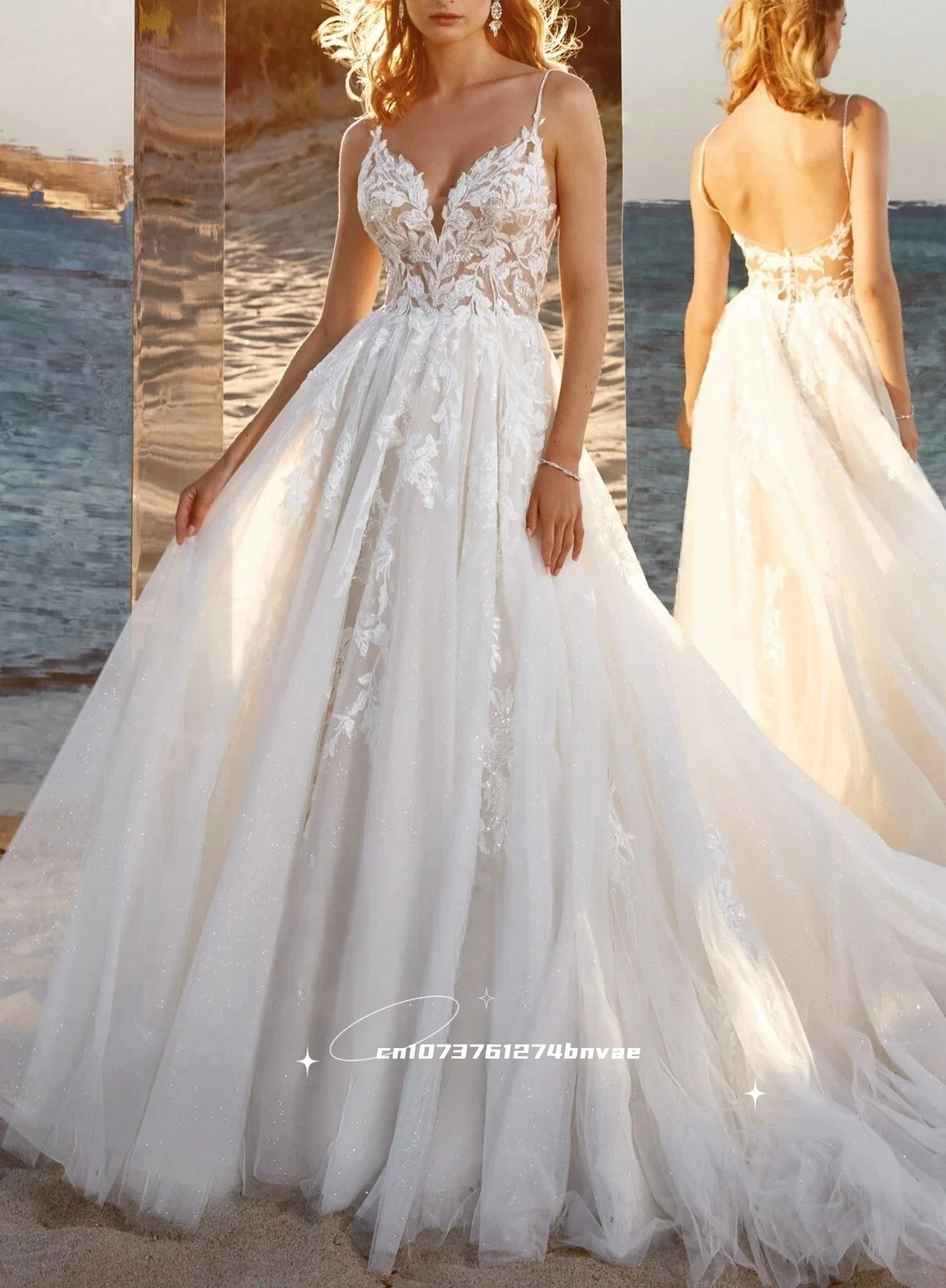

Sexy Backless Beach Wedding Dress Spaghetti Straps Boho Bridal Gown Lace Appliques Long Tulle Vestidos De Novia Customized