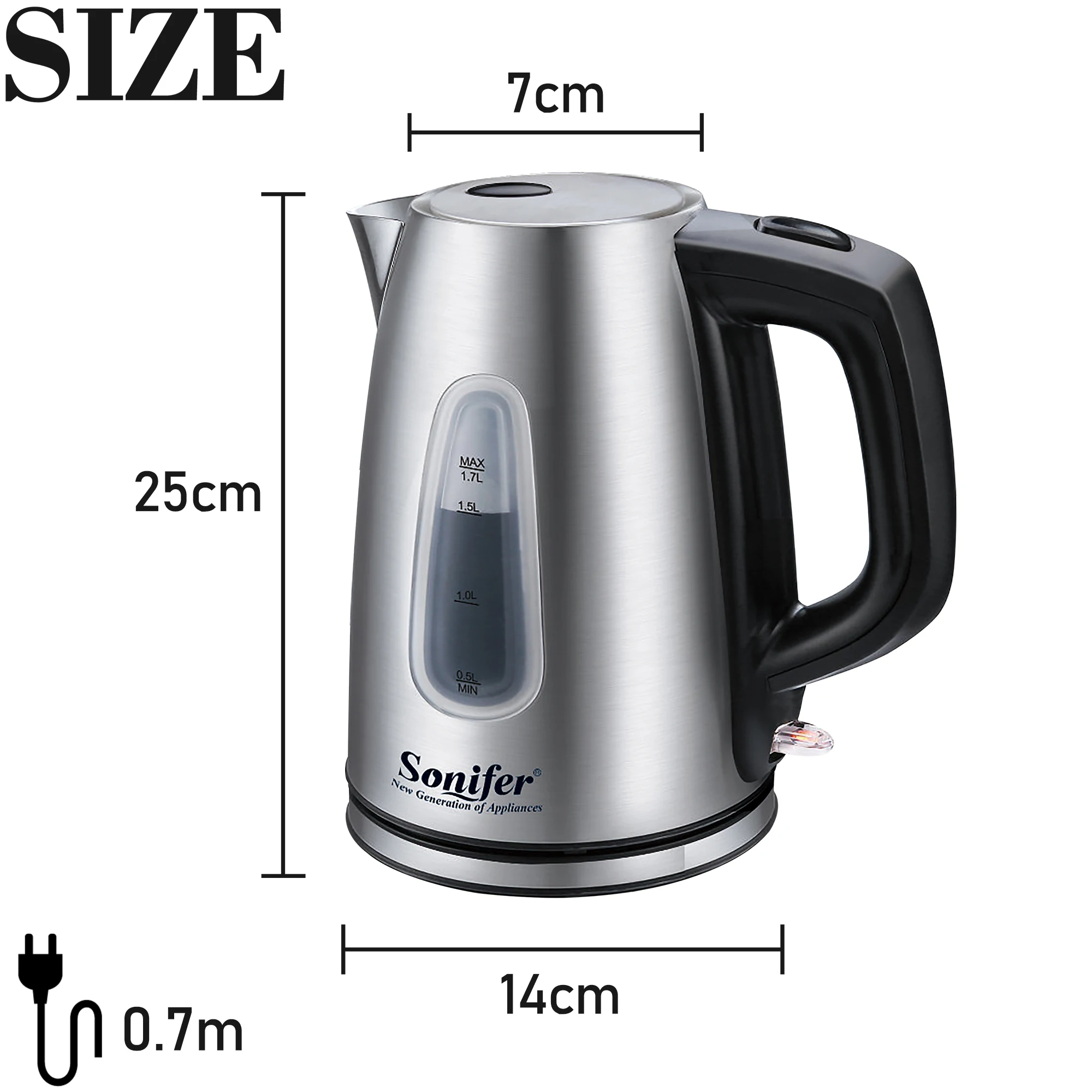 1.7L Electric Kettle Stainless Steel Kettle Cordless 2200W Household Kitchen Fast Heating Boiling Teapot Pot For Gift Sonifer