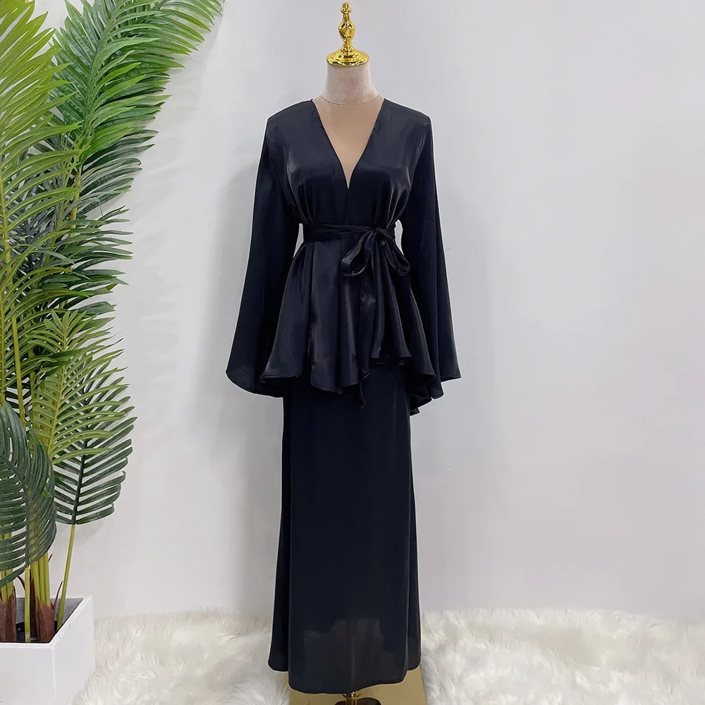 Ensemble Kimono Brcorporelle avec Ceinture pour Femme Musulmane, Jupe en Y, Tenue de Ramadan, Dubaï, Vêtements Islamiques, Abaya, Kaftan, Robe