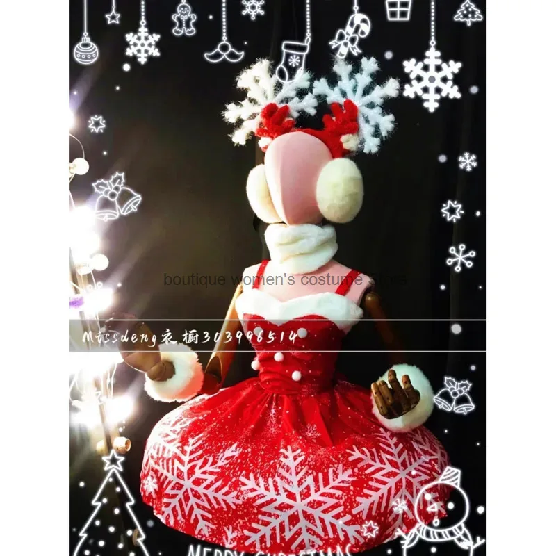 여성용 보수적인 크리스마스 퍼프 스커트 퍼레이드 의상 큰 후프 눈송이 엘프 드레스 공연 의상